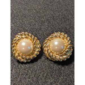 Gold Tone Earrings Womens Faux Pearl Button Twisted Rope Statement Vtg Elegant